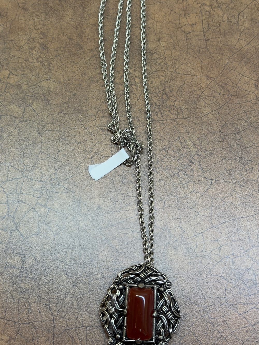 Antique-Style Filigree carnelian Pendant Necklace with Brown Stone